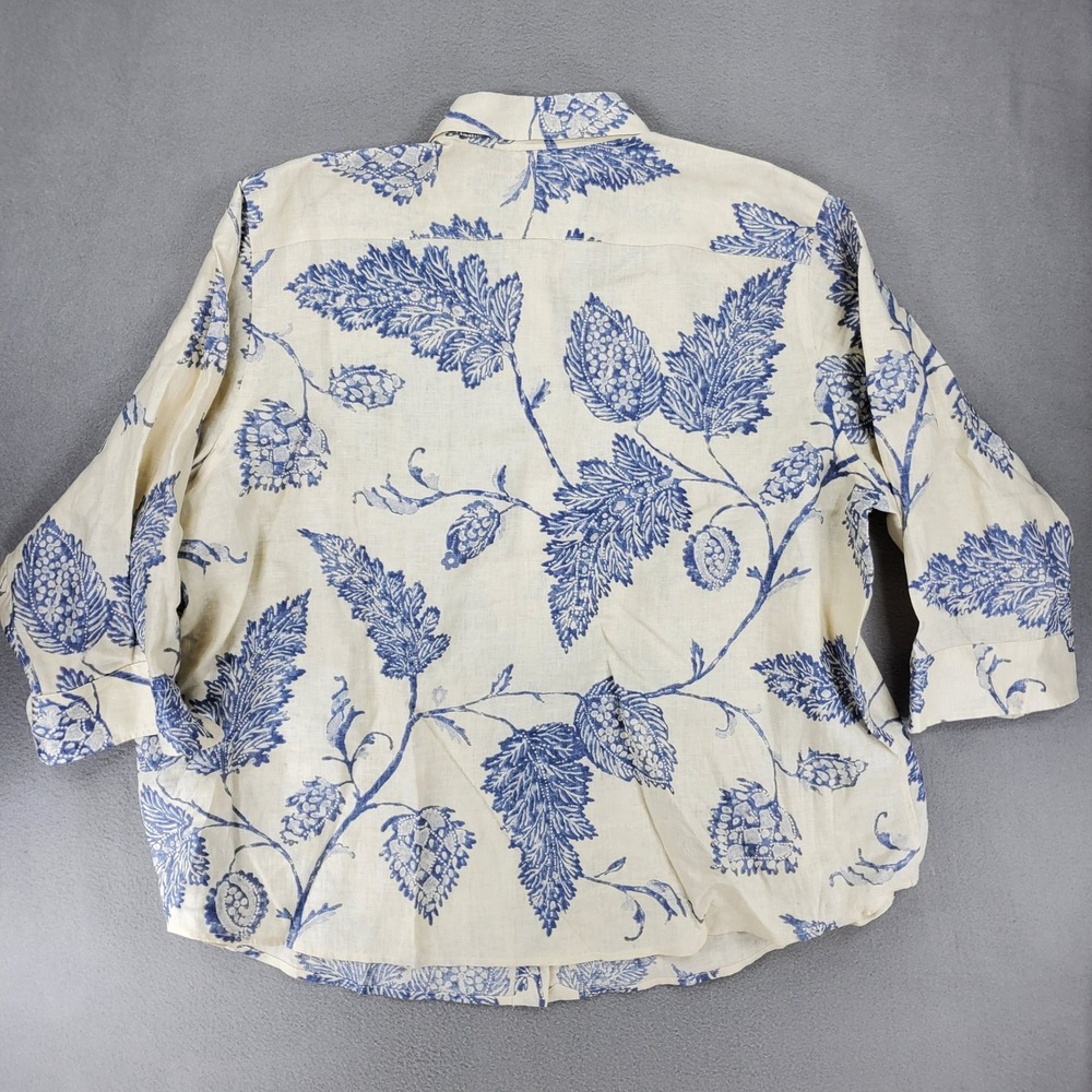 Ralph Lauren Button Down Shirt Women 2X Blue Cream Linen Floral 3/4 Sleeve - Picture 3 of 6